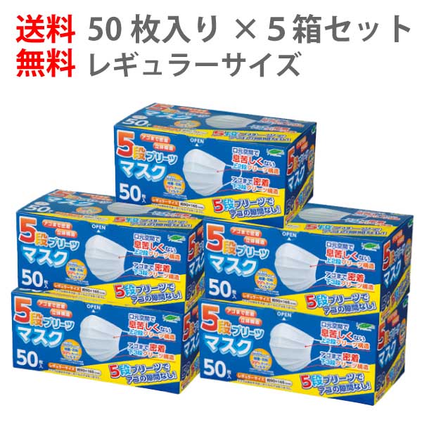 【5箱セット/全250枚】5段プリーツマスク レギュラー 5