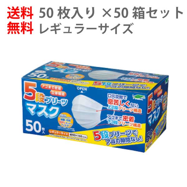 【50箱セット/全2500枚】送料無料 5段プリーツ マスク レギュラー 50枚入り | 不織布 花粉 乾燥 対策 予防 全国マスク工業会 使い捨て 立体 大人 快適 睡眠 業務用 大きめ サージカルマスク 息 大きい 普通 備品 備蓄 大量 ますく 衛生