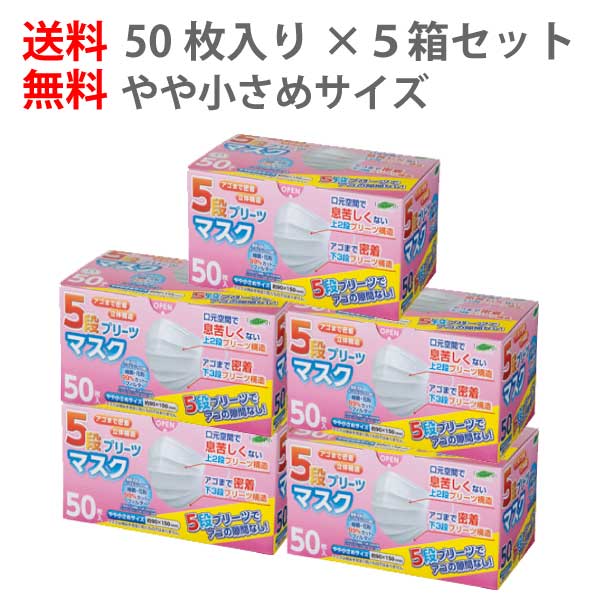 【5箱セット/全250枚】送料無料 5段プリーツマスク やや小さめ 50枚入り JIS規格適合 不織布 花粉 乾燥 日焼け 防止 全国マスク工業会 アレルギー 対策 予防 使い捨て 立体 女性 子ども 子供 快適 業務用 スモール 備品 備蓄 息 小さい 女性用 ky 衛生 15cm