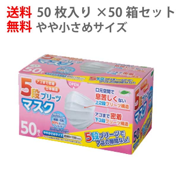 【50箱セット/全2500枚】送料無料 5段プリーツ マスク やや小さめ 50枚入り | 小さめ 女性 不織布 花粉 乾燥 対策 予防 全国マスク工業会 使い捨て 立体 大人 快適 睡眠 小さい サージカル ますく 備品 備蓄 女性 子供 子ども 女性用 衛生 15cm まとめ買い 大量購入 業務用