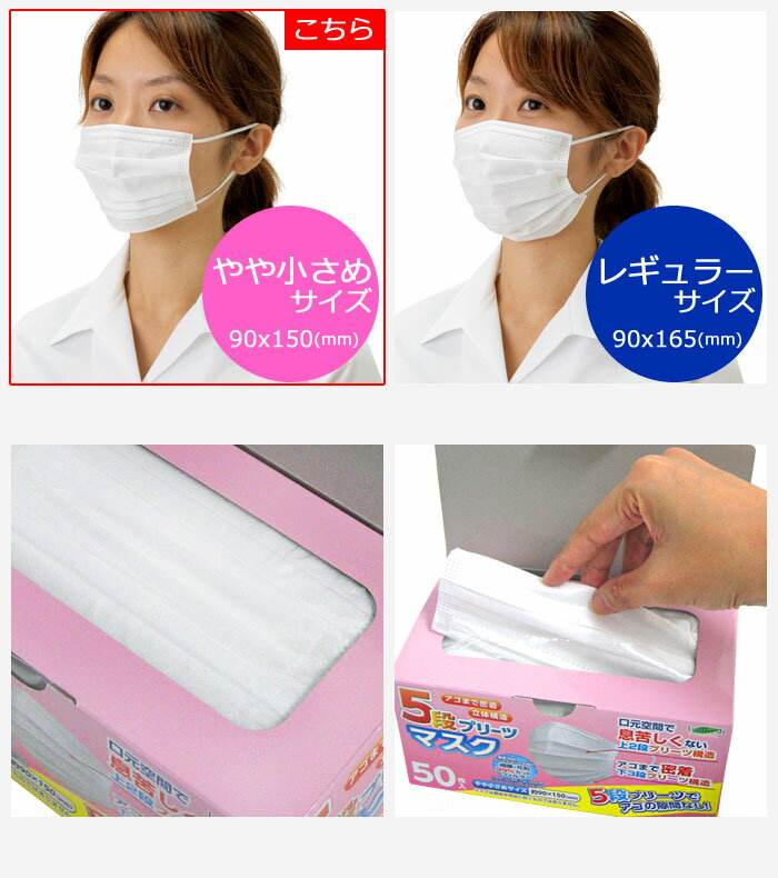【送料無料】5段プリーツ マスク やや小さめ 50枚 JIS規格適合 不織布 花粉 乾燥 日焼け 防止 アレルギー 対策 予防 使い捨て 立体 大人 快適 就寝 睡眠 業務用 スモール 立体 小さい サイズ 苦しくなりにくい ますく 大容量 小顔 女性 子供 子ども 女性用 衛生 15cm