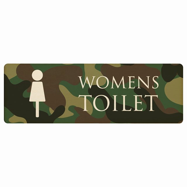トイレ プレート 木製 WOMENS 迷彩 カラー 長方形 27x9cm ドア サインプレート ピクトサイン トイレマーク表示 案内 注意 施設 御手洗 TOILET 安全対策