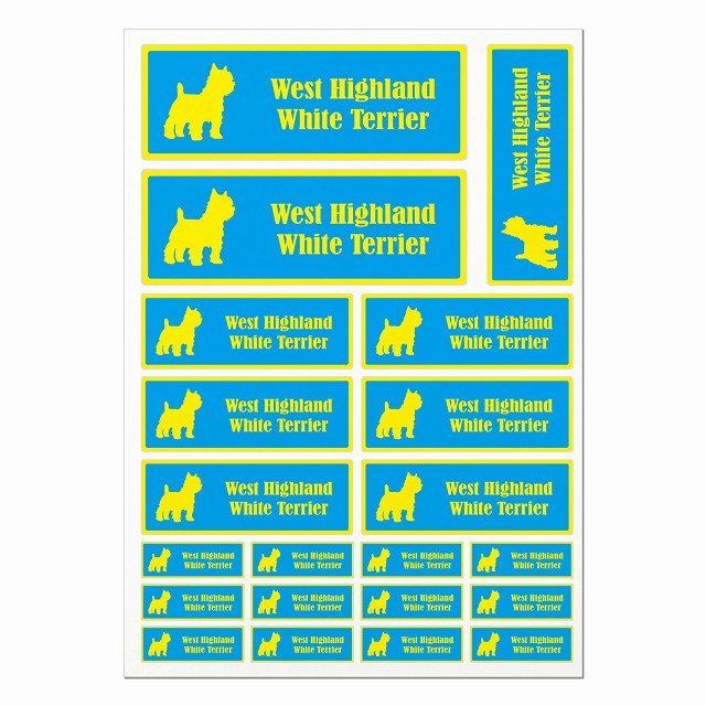 ドッグ ステッカー ウエストハイランドホワイトテリア ライトブルーイエロー A4サイズ まとめて詰め合わせ サイズ別 長方形 21枚セット 犬種別 シール カーステッカー 愛犬 キャンプ 持ち物 ドッグフード用