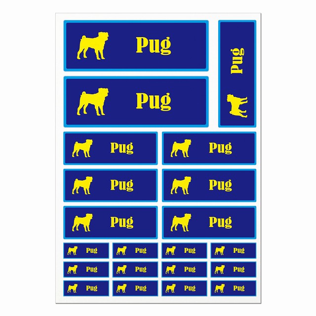 ドッグ ステッカー パグ ブルーイエロー A4サイズ まとめて詰め合わせ サイズ別 長方形 21枚セット 犬..
