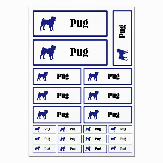 ドッグ ステッカー パグ ホワイトブルー A4サイズ まとめて詰め合わせ サイズ別 長方形 21枚セット 犬..