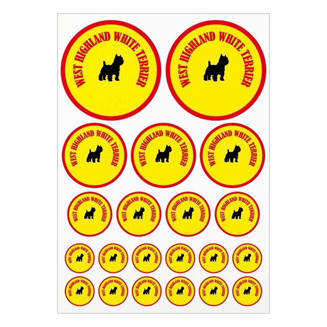 ドッグ ステッカー ウエストハイランドホワイトテリア イエロー A4サイズ まとめて詰め合わせ サイズ別 丸型 21枚セット 犬種別 シール カーステッカー 愛犬 キャンプ 持ち物 ドッグフード用(3)
