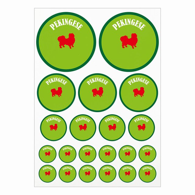 犬種別のステッカーです。ドッグフードの缶や犬小屋、車のリアガラス、給油口に貼ったり、スマホやノートパソコンなどの身の回りのものに貼ったりとたくさん使用用途がございますので是非ご活用ください。 各犬種12色を用意しました。 素材：塩ビ サイズ：A4サイズに合計21枚のステッカーを配置 直径10cmx2枚 直径6.5cmx3枚 直径4.5cmx4枚 直径3cmx12枚 ※取付時、取付箇所をきれいに拭いてください。 ※きれいに貼り付ける方法は貼りつけ箇所に中性洗剤を入れた水を吹きかけ、直後素早くシールを貼り付け、ゴムベラを使ってシールとガラスの間の水抜きを行います。きれいに水抜きを行うには、ゴムベラをガラスの真ん中から外側に向かって動かすのがポイントです。 窓ガラスの上側の水抜きをしてから、最後に下側の水抜きをします。 ※伸びやすい素材ですのできつく引っ張ったりしないでください。