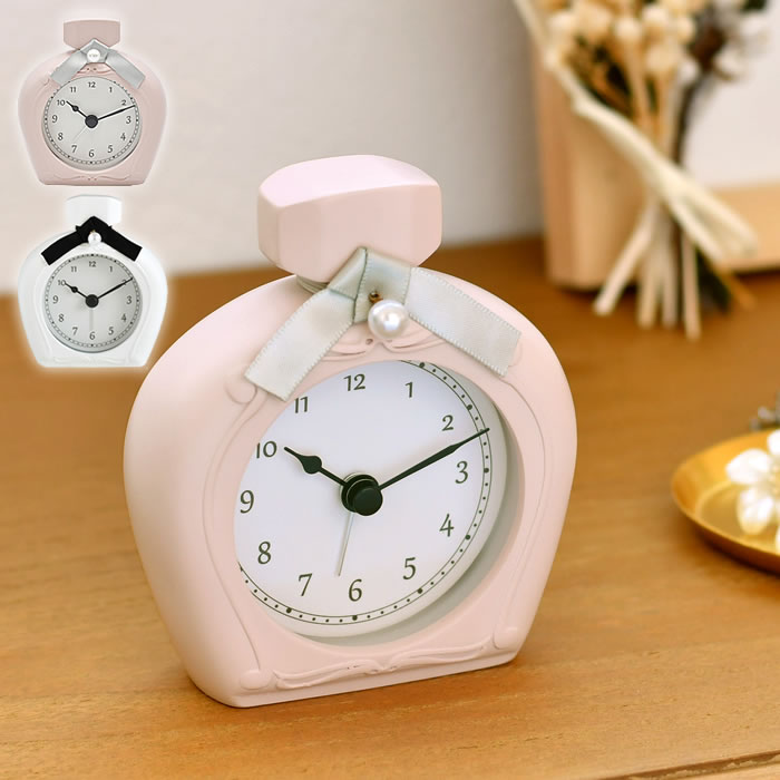 マルモ アラームクロック パフューム 置き時計 置時計 目覚まし時計 アナログ 時計 スイープムーブメント おしゃれ インテリア 時計 ガーリー かわいい 香水 パフューム 型 静か ホワイト 白 ピンク プレゼント ギフト モノトーン