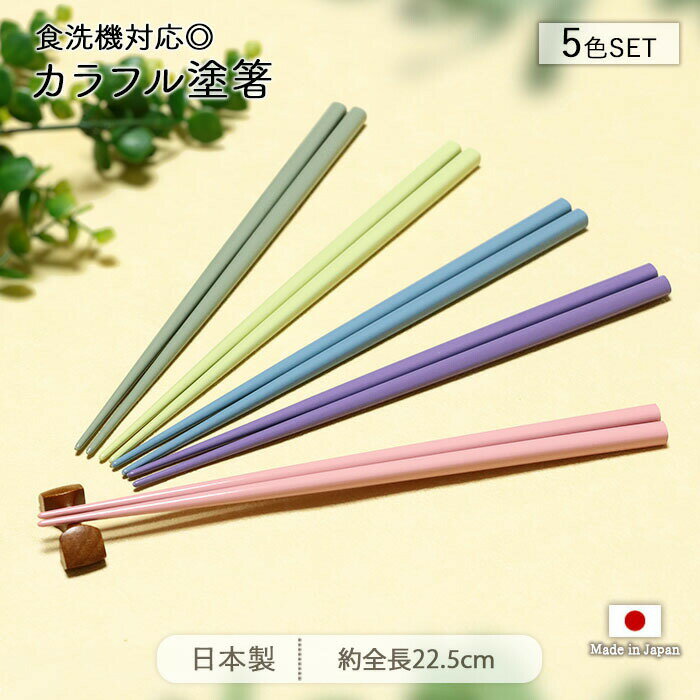 Rakuten - カラフル 塗箸 食洗機対応 5色セット | 箸 はし お箸 おはし 5膳 セット 全長22.5cm 日本製 天然竹 竹製 食器 カトラリー おしゃれ かわいい シンプル 淡い くすみ 北欧 先角 滑り止め付き つかみやすい ギフト 贈り物