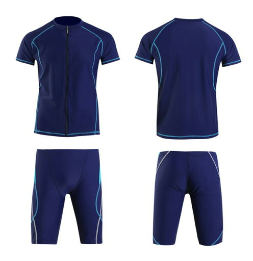 【送料無料】フィットネス水着 メンズ 男性 上下セット セットアップ パパ 半袖 半ズボン ラッシュガード ハーフパンツ ブラック スポーツ水着 前ファスナー ジム スポーツジム プール 海 ブルー 大きいサイズ 3L 4L 5L 6L 7L 8L 9L 10L パパ 父の日 40代 50代