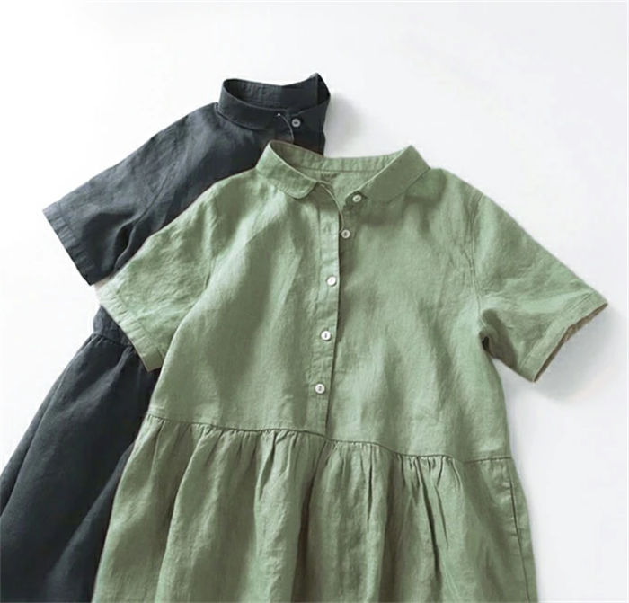 【送料無料】ワンピース レディース 夏 シャツワンピース ロングワンピース きれいめ 丸襟 半袖 綿麻調 綿 コットン 麻 リネン ミモレ丈 フレア 大きいサイズ 体型カバー ゆったり 大人 ナチュラル カジュアル 無地 シンプル 薄手 涼しい 黒 ブラック 30代 40代 50代 春