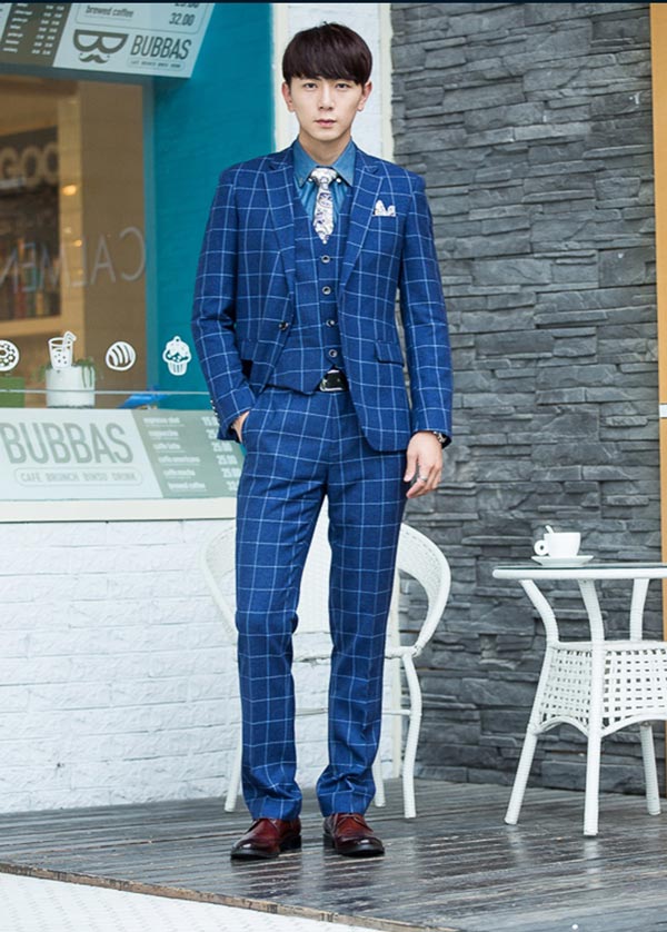 【送料無料】L スーツ メンズ 1ボタンスリムスーツ チェック柄 ウィンドペン 格子柄 フォーマル ビジネススーツ シングル 紳士服 男性用 背広 就活 おしゃれ 春 夏 細身 結婚式 オシャレ アウトレット ネイビー