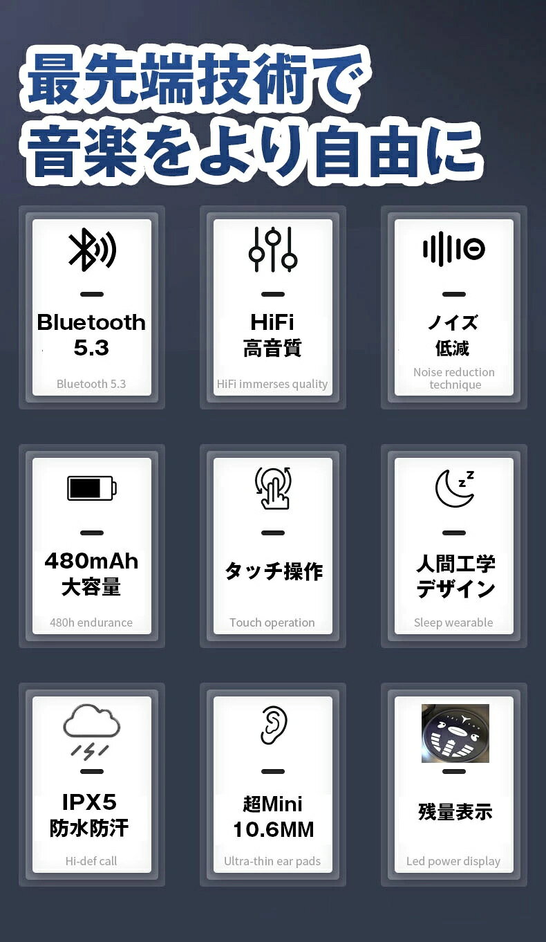 寝ホン ワイヤレスイヤホン 痛くない イヤホン Bluetooth5.3 残量表示 IPX5防水 ノイズキャンセリング 自動ペアリング iPhone Android 超軽量 超小型 安眠 高音質 マイク 片耳 通話 zakkayalike-10000323 雑貨屋 Like サンプル画像2