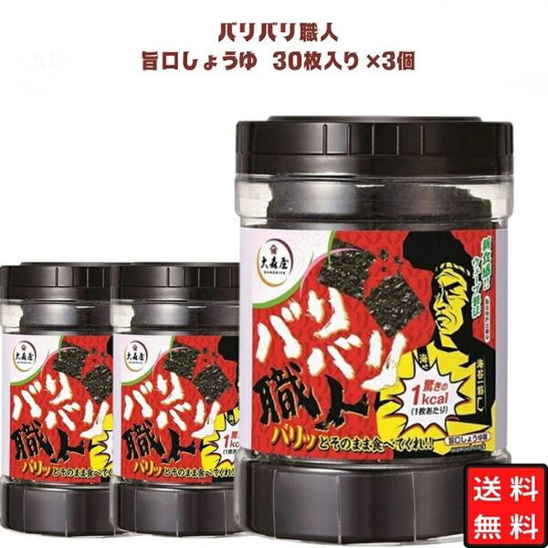 海苔 大森屋 バリバリ職人 味付け海苔 旨口しょうゆ 30枚×3個セット のり おつまみ おかず ご飯のお供 新食感 まとめ買い 常温保存 非常食 防災 備蓄用 ヘルシー おやつ 家飲み 宅飲み 手軽 送料無料 最強配送 zakkayarowa-10003672 TiloSelect パッケージ画像