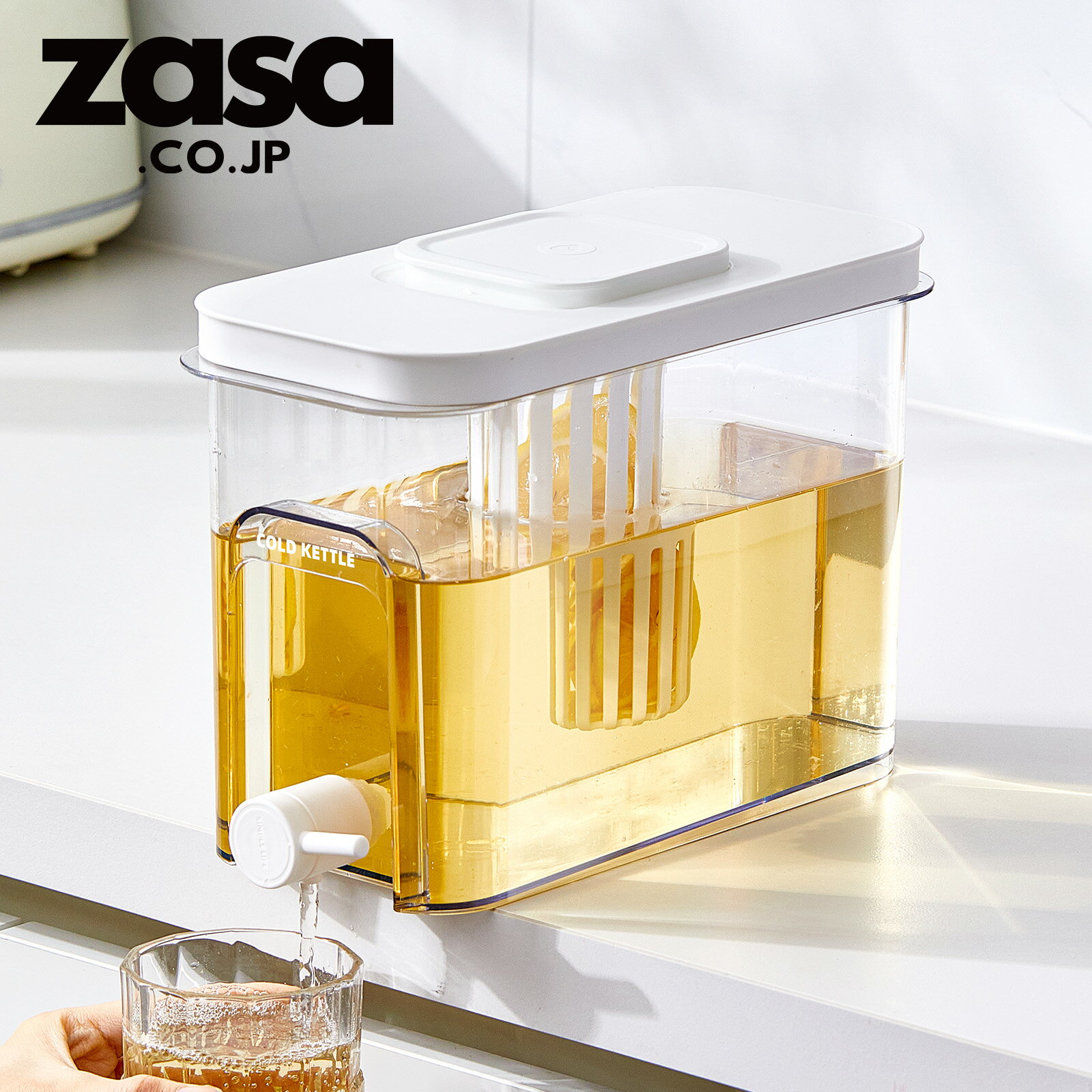 ZASA 麦茶ポット 冷蔵庫ドリンクサーバー ウォーターサーバー 麦茶容器 冷水筒 4L 大容量 ウォータージャグ 冷蔵庫対応 蛇口付き ドリンクサーバー 狭型スリムデザイン フィルター内蔵 茶こし付き 水出しポット 果実茶 氷水 気泡水 おしゃれ 冷蔵保存容器