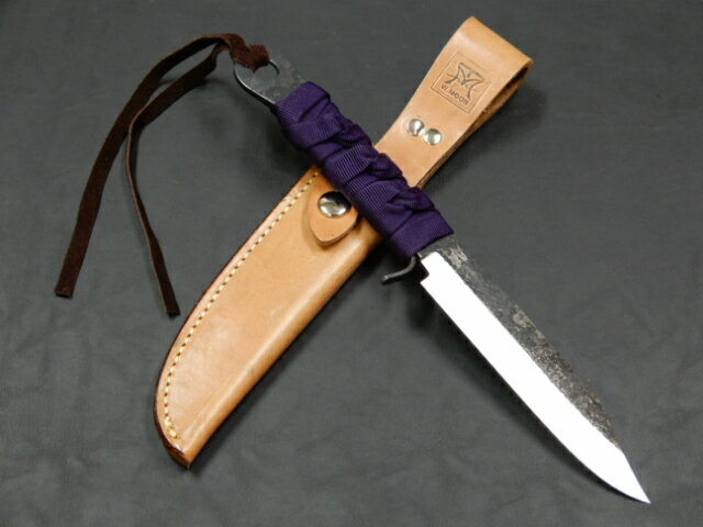 ナイフ 冨田滋作剣鉈　両刃共柄槌目　真田紐巻本革サック付（紫）