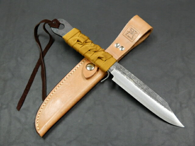 ナイフ 冨田滋作剣鉈　両刃共柄槌目　真田紐巻本革サック付（黄）