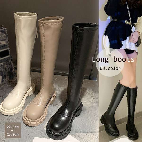 乐天商城 - バックジップ 膝下 ジョッキーブーツ ギザギザ ストレッチブーツ