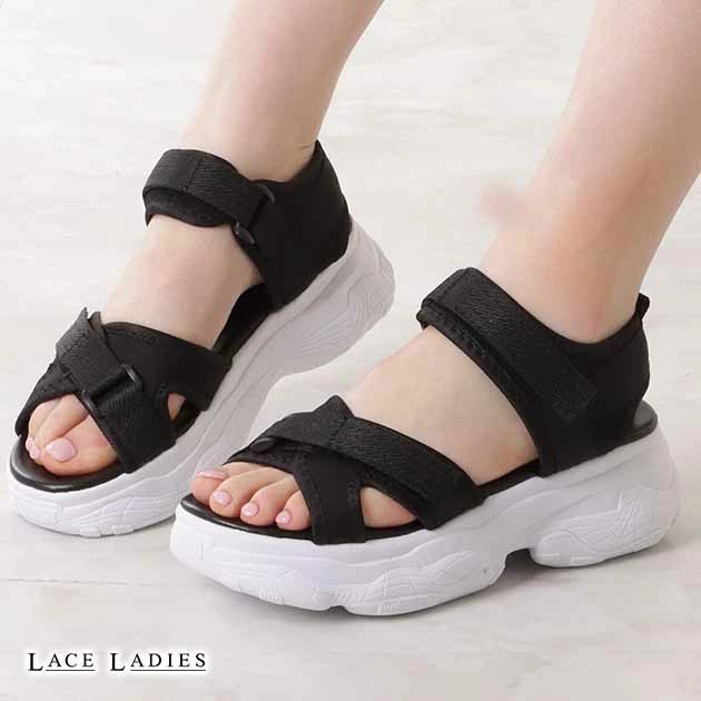 厚底スポーツ スポーツサンダル レデ ベルクロ メッシュサンダル