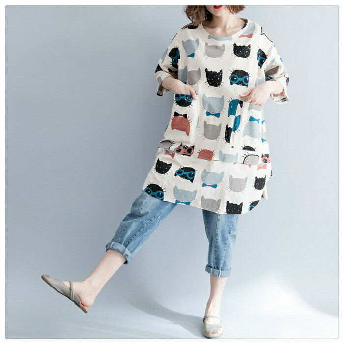 プルオーバー 綿 五分袖 レディース Tシャツ 大きいサイズ 猫柄