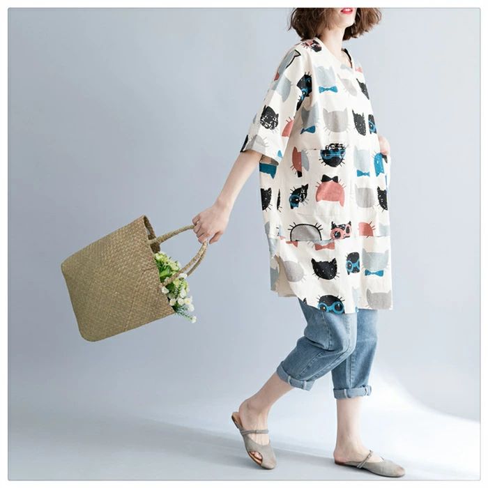 プルオーバー 綿 五分袖 レディース Tシャツ 大きいサイズ 猫柄