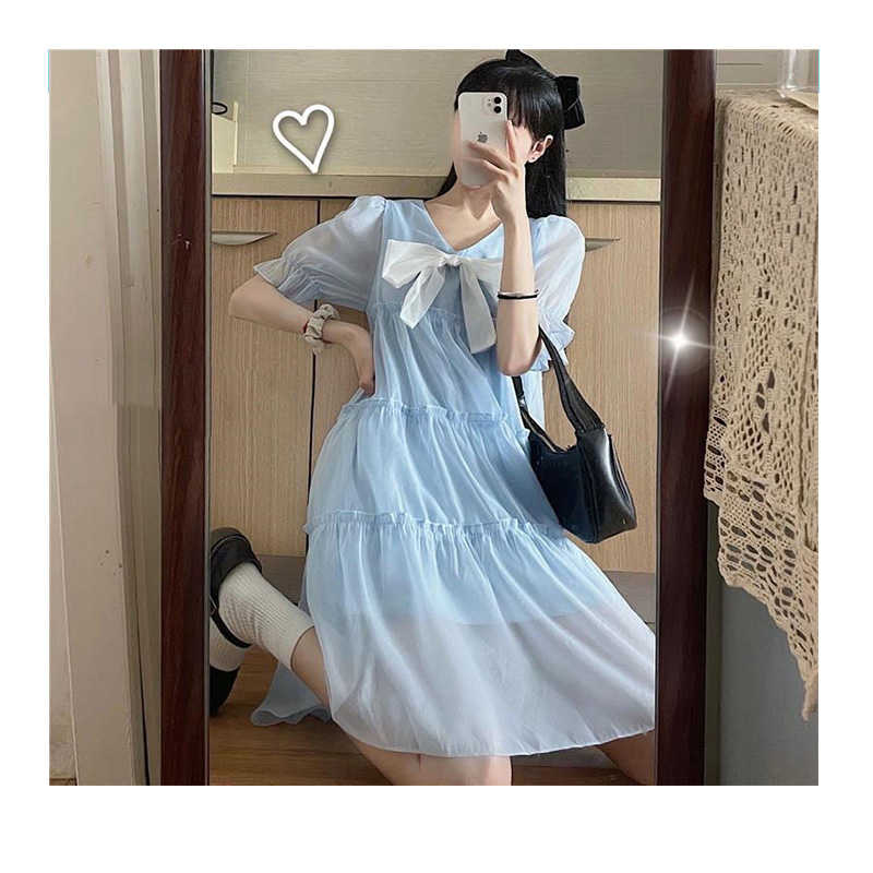 レディース 半袖 夏用 リボン付き Vネック 半袖 シフォン フリルワンピース ロングワンピース かわいい 無