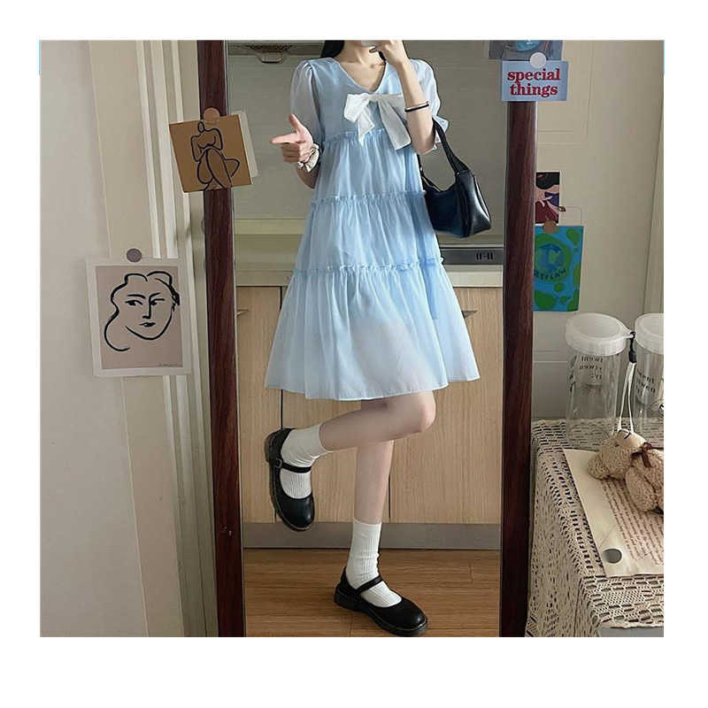 レディース 半袖 夏用 リボン付き Vネック 半袖 シフォン フリルワンピース ロングワンピース かわいい 無