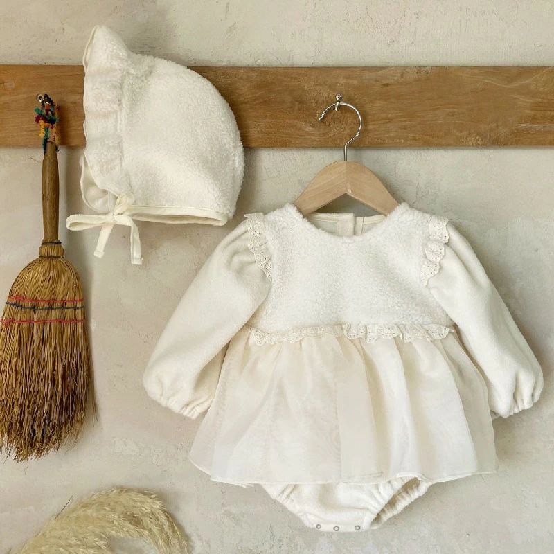 レース ワンピース 赤ちゃん ドレス ベビー セレモニードレス 帽子付き 女の子 冬服 誕生日 ベビー服 結婚式 長袖 2点セット