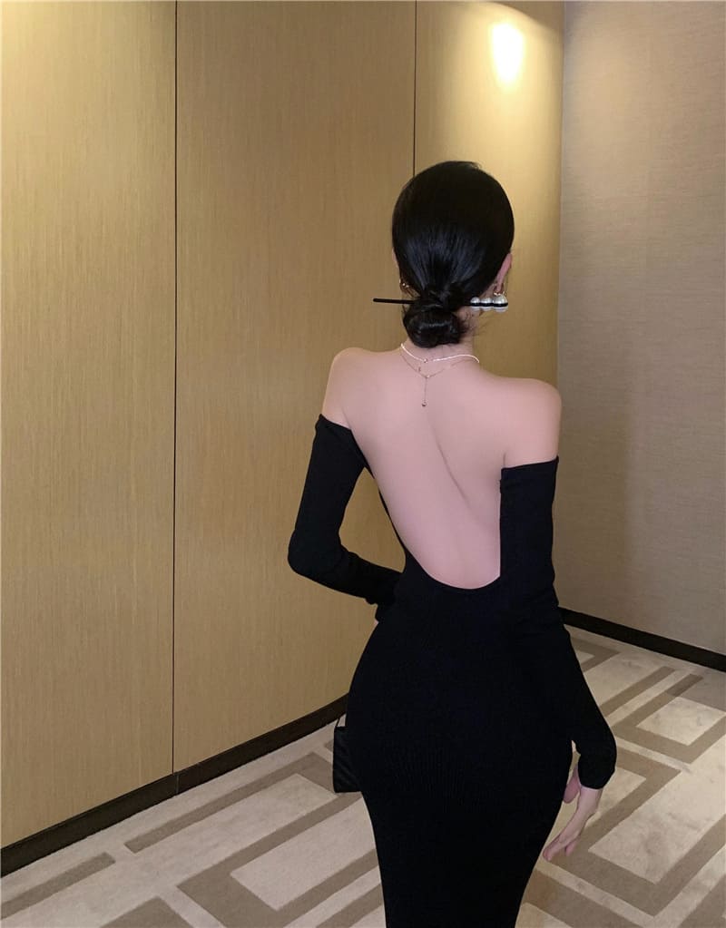 乐天商城 - バックオープン ロング ニット ドレス バックシャン レイヤード セクシー レディース フォーマル セレブ 背中見せ 春 夏 秋 冬 見せる 黒 セレモニー 長袖 20代 30代 40代 ブラック