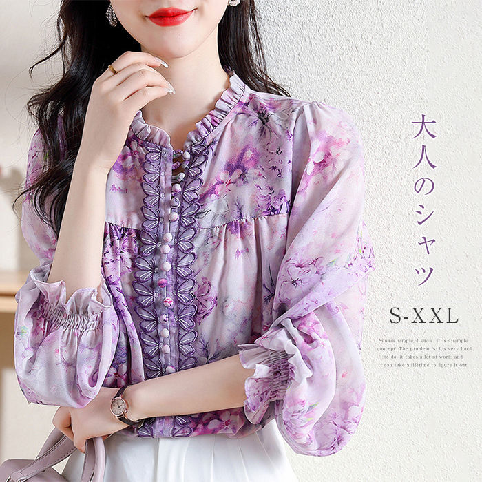 乐天商城 - ブラウス レディース シャツ シフォンシャツ 夏 トップス 長袖 薄手 花柄 高級感 シフォンブラウス シャツブラウス ビジネス 上