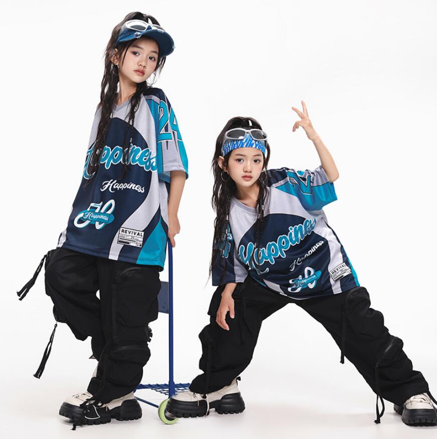 ブルー 衣装 黒 ヒップホップ キッズダンス衣装 カーゴ tシャツ