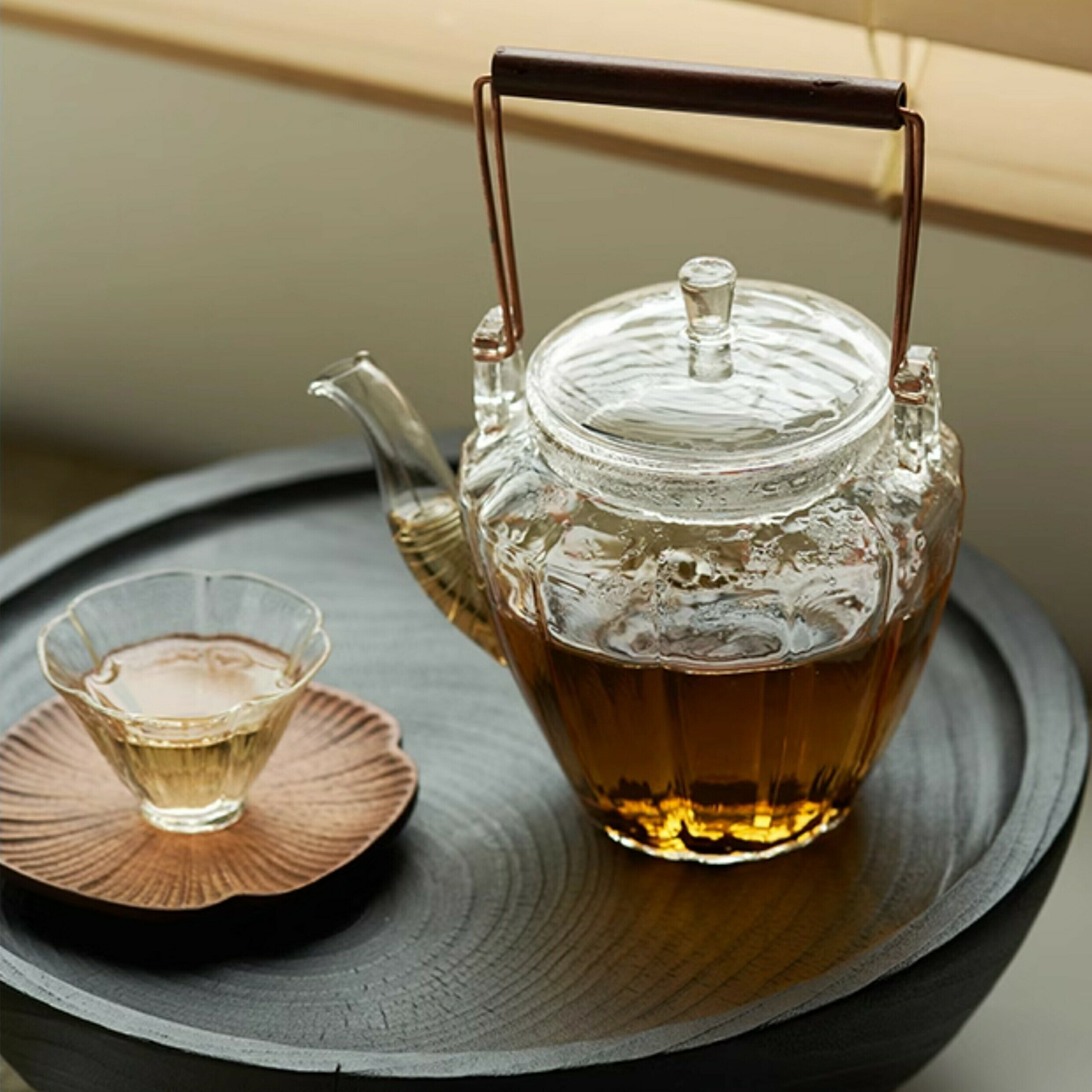 石玉 耐熱ガラス ティーポット 500ml ガラス急須 金針茶こし付き ガラスポット 手作り グラス ガラスコップ ぐいのみ・おちょこm冷茶グラス ティーグラス 茶托 茶たく 茶敷 小皿 プレート 木皿 ミニ トレー 紅茶ポット フルーツティー 花茶 工芸茶 にオススメ