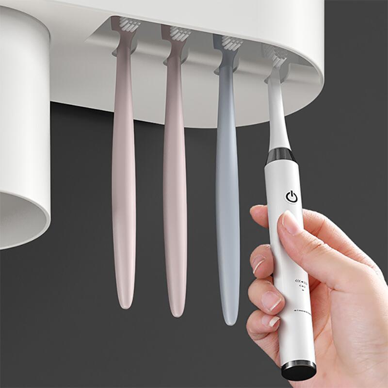 歯磨き粉ディスペンサー 歯磨きブラシ コップ ホルダー 洗面台 収納ケース 工事不要 壁掛け式 省スペー..