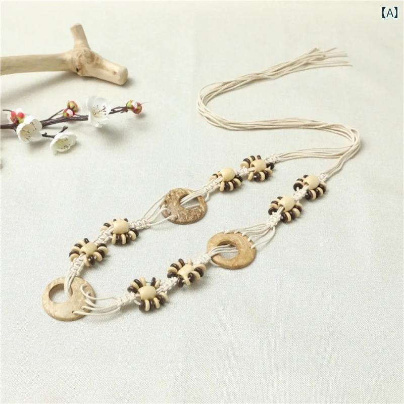 ベルト レディース おしゃれ エスニック タッセル 装飾 ロープ ウエストマーク ボヘミアン レトロ ワックス ココナッツ シェル ホワイト ブラウン