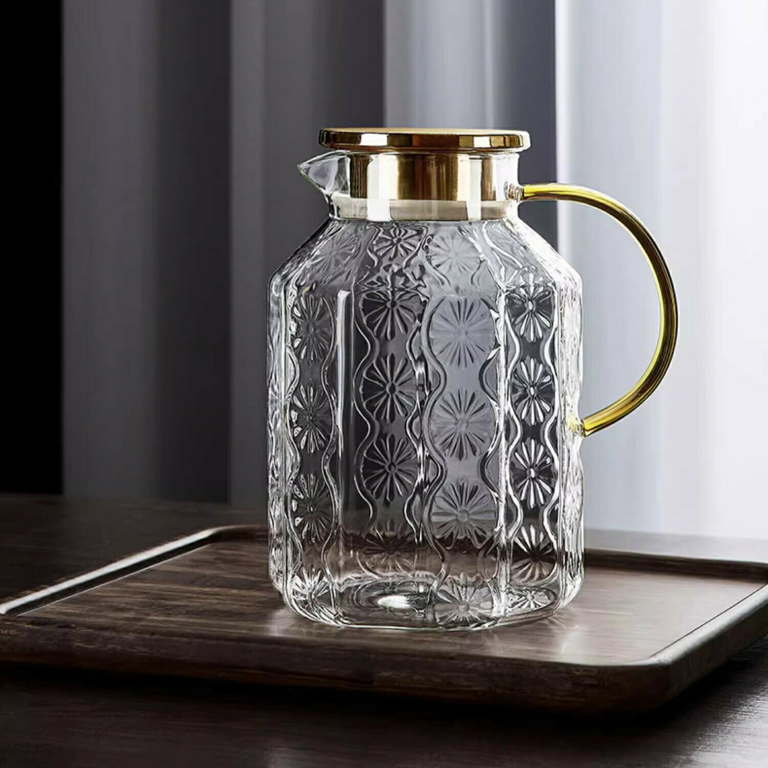 レトロでかわいい 向日葵 冷水筒 耐熱ガラス スリムジャグ ガラスサーバー 花柄 ガラスポット ピッチャー 1500ml 大容量 木蓋 麦茶ポット お茶ポット 水ジャグ ウォーターピッチャー ウォーターカラフェ 小 透明 ジャグ 水差し ドリンクピッチャー ピクルスポット