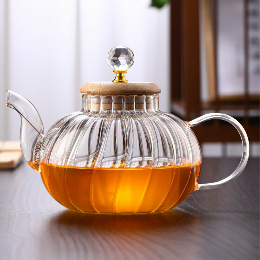 カボチャ 耐熱ガラス ティーポット やかん モール 煮出し 薬膳ポット 1000ml 1200ml 湯沸かし器 大容量 ガラス 直火 ガラスティーポット ガラスポット 透明 金色の蓋 ダイヤモンド ガラス茶器 紅茶ポット おしゃれ 花茶 工芸茶 母の日ギフト