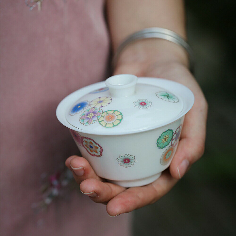 美しい手毬 花柄 蓋碗 三才碗 宝瓶 煎茶器 120ml 急須 白 中国茶 ウーロン茶 お茶用品 ティーウェア 蓋碗壺承セット 台湾茶器 中国茶器 来客用 贈り物にも 食洗機対応 電子レンジ対応【 送料無料】