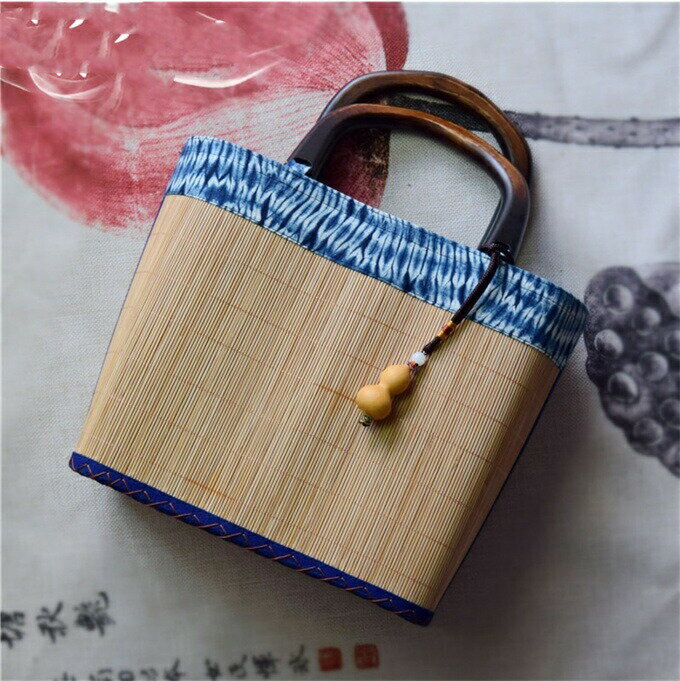 手作り 竹編み バッグ レディース｜ハンドメイド 草木染 木製持ち手 かごバッグ 夏 着物 浴衣 和風 伝統工芸 内ポケット付き 手提げバッグ ナチュラル エコバッグ 絞り染め 藍染 伝統手工芸 贈答用に プレゼント(4)