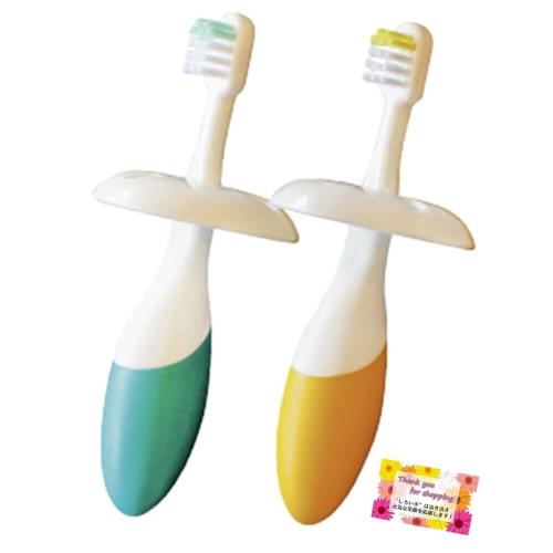 前歯が生え始める頃からの使用に最適なベビー歯ブラシです！ デンタるん ふっくらグリップ 6ヵ月から グリーン+イエロー 乳児 デンタルケア ガード付 2本入