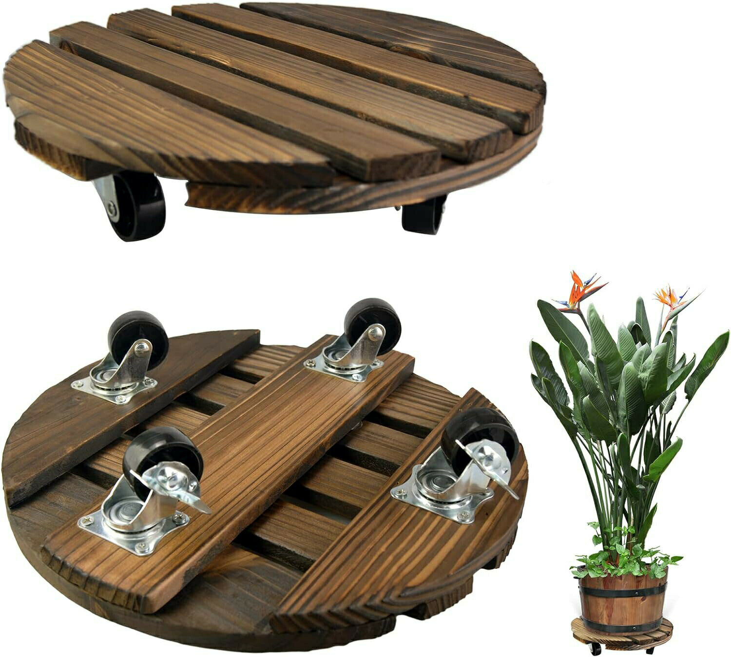 植木鉢台 木製鉢置台 キャスター付き 360°回転 鉢置台 鉢受プレート 耐荷重80kg 丸形木の植木鉢トロリ..