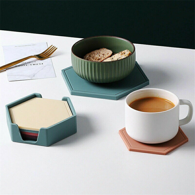 コースター シリコン製 6枚セット 収納ケース付き 組み合わせタイプ 六角形 無地 おしゃれ 北欧 滑り止め 飾り 防水 断熱 防汚 食事 レストラン 子供 大人 表裏両用