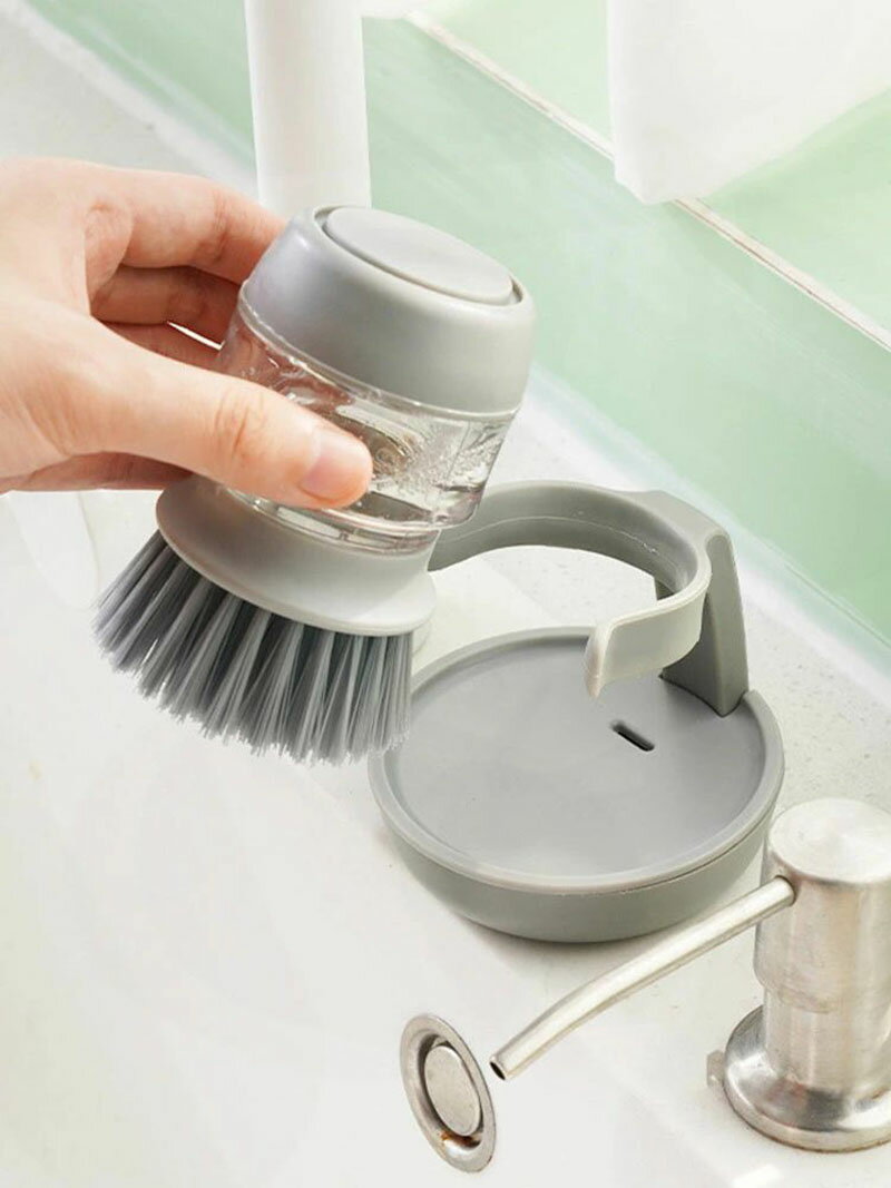 たわし おしゃれ シュロ 鍋用 フライパン 使いやすい 押すだけ 洗剤入れ 水切り 水切りスタンド 取り外..