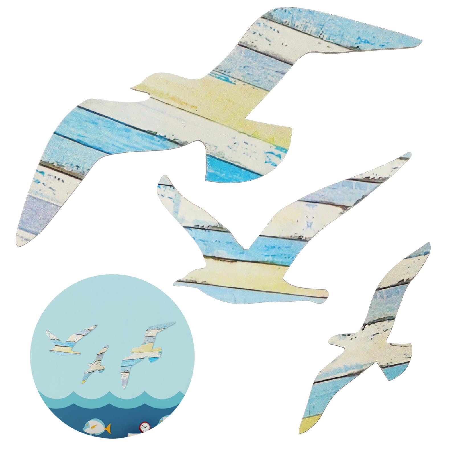 3ピース 木製シーガルウォールデコ、ビーチウォールスカルプチャーデコレーション、自己粘着シーガル装..