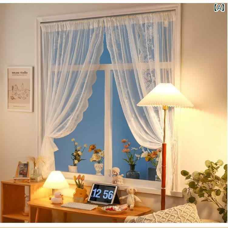 カーテン 韓国風 スカラップフリル レース シアー 透光 ポリエステル 田園 カントリー調 アメリカン 小窓 カフェカーテン ショート丈 間仕切り 穴あけ不要 突っ張り棒式 完成品