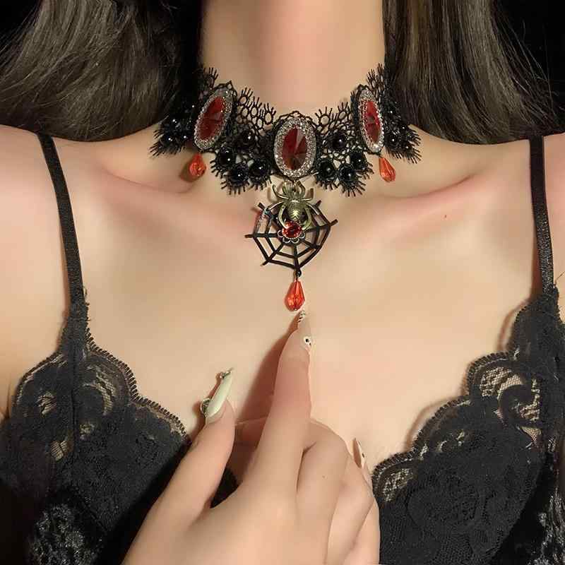 スパイダー 蜘蛛 ネックレス チョーカー 首輪 アクセサリー レディース ハロウィン チェーン 宝石 レー..