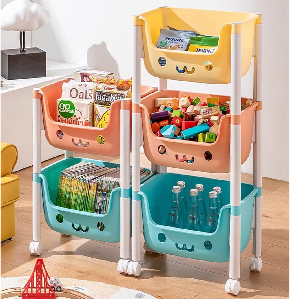 おもちゃ収納ワゴン 棚 おもちゃ箱 絵本棚 キッズ収納 収納ボックス 大容量 絵本ラック おもちゃ 収納 ラック おもちゃ箱 バスケット小物 収納 3/4段 3/4マス ストッパー付き キャスター付き 収納カート おしゃれ 可愛い 大容量 キッズ収納 (3階)