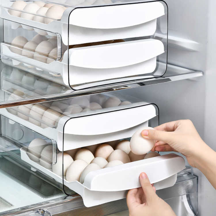 32個用 2層 エッグケース たまごケース 卵容器 玉子バック 大容量 冷蔵庫 引き出し 卵入り 卵ボックス 収納ケース 2段 分けて収納 クリアケース 分別収納 省スペース 台所 キッチン収納 パントリー 卵入り 卵ケース(3)