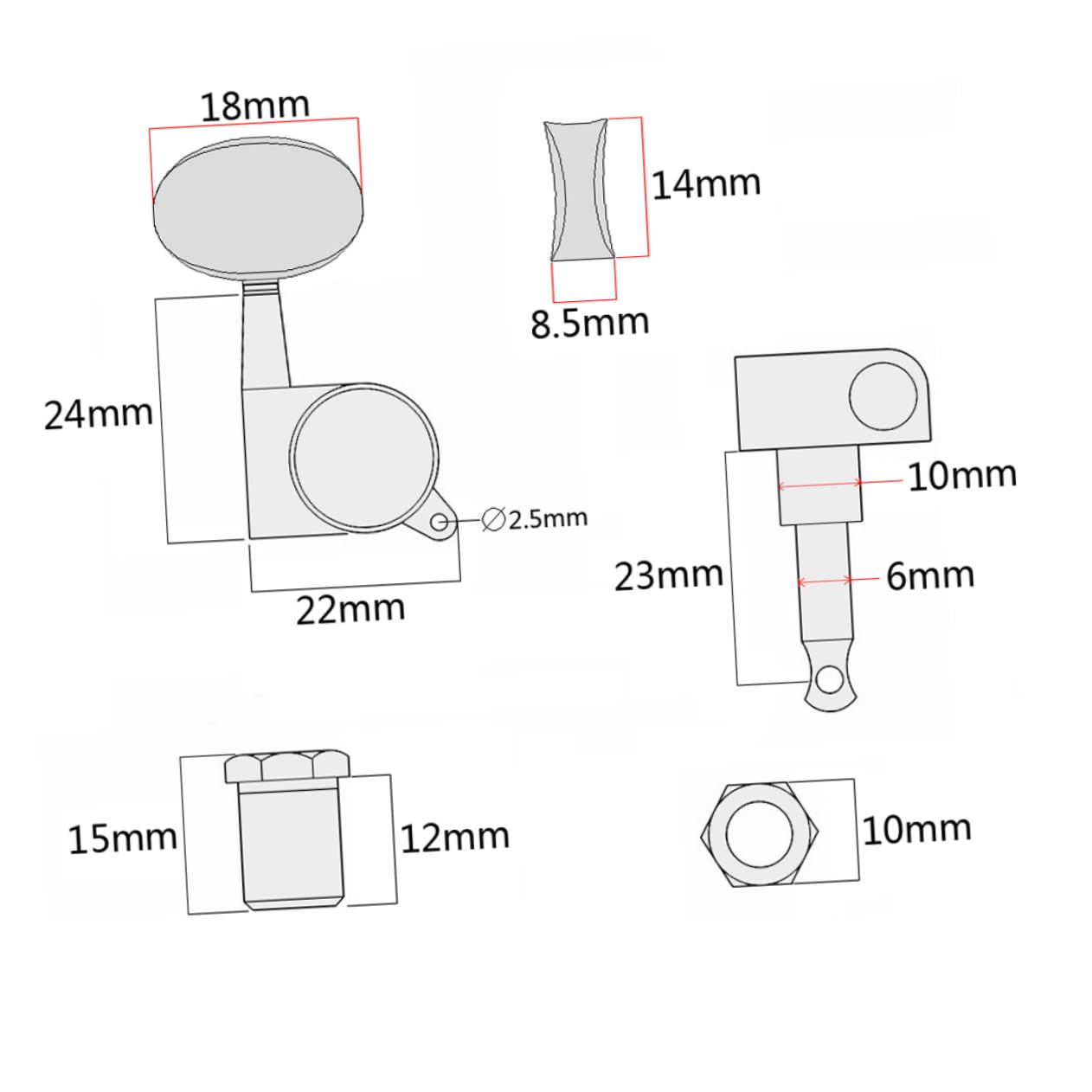 6個エレキアコースティックギター用弦ペグ 半閉型チューナー 互換性のあるマシンヘッド