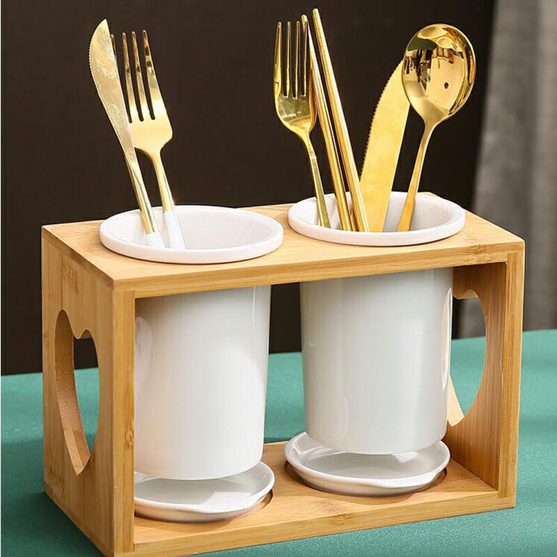 箸立て 水切り カトラリースタンド おしゃれ 天然木製+陶器 白 北欧風 卓上キッチン食器収納 カトラリーホルダー キッチンダイニングテーブルツール スプーン/箸入れ （1個セット）