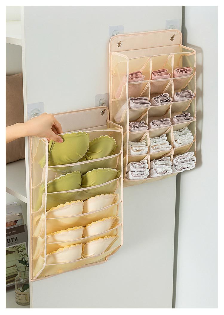 下着収納 吊り下げ収納 仕切り ウォールポケット ハンガー式ラック 壁掛け収納 隙間収納 靴下収納 ブラジャー 収納 大容量 ブラの型崩れ防止 収納ケース 下着ケース クローゼット 押入れ おしゃれ メッシュ ポケット 通気性 北欧 小物 衣類